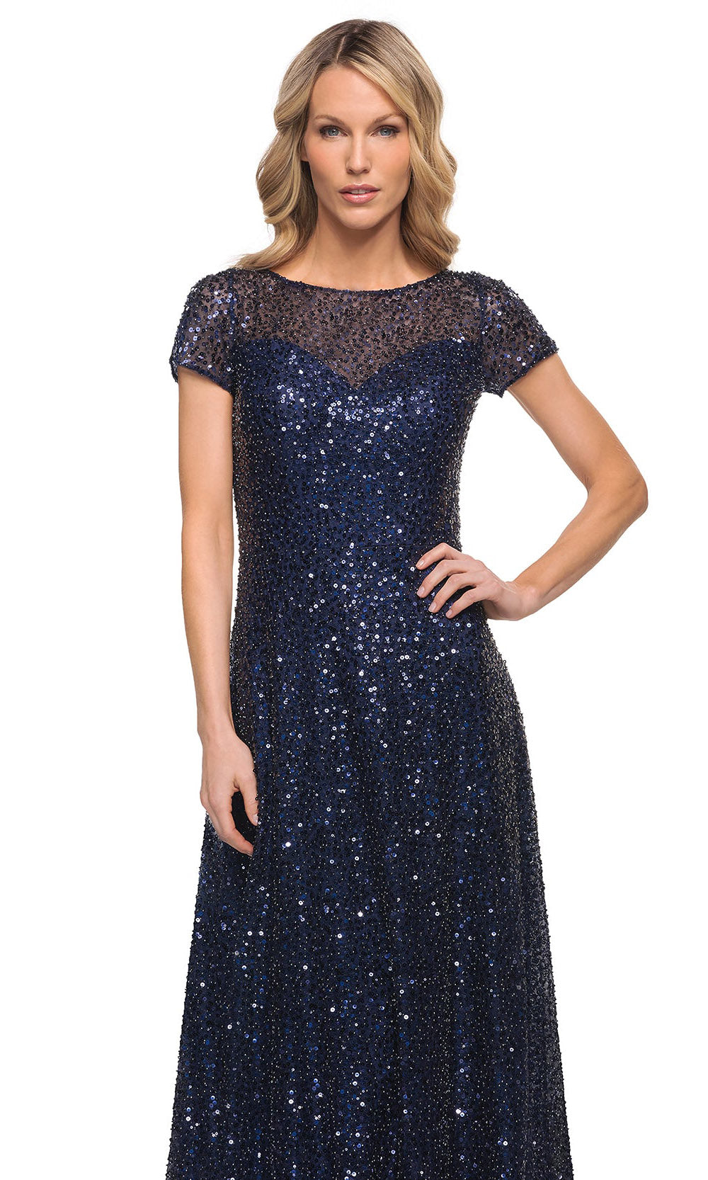 La Femme - 30122 Sparkling Beaded Gown With Sheer Neckline In Blue