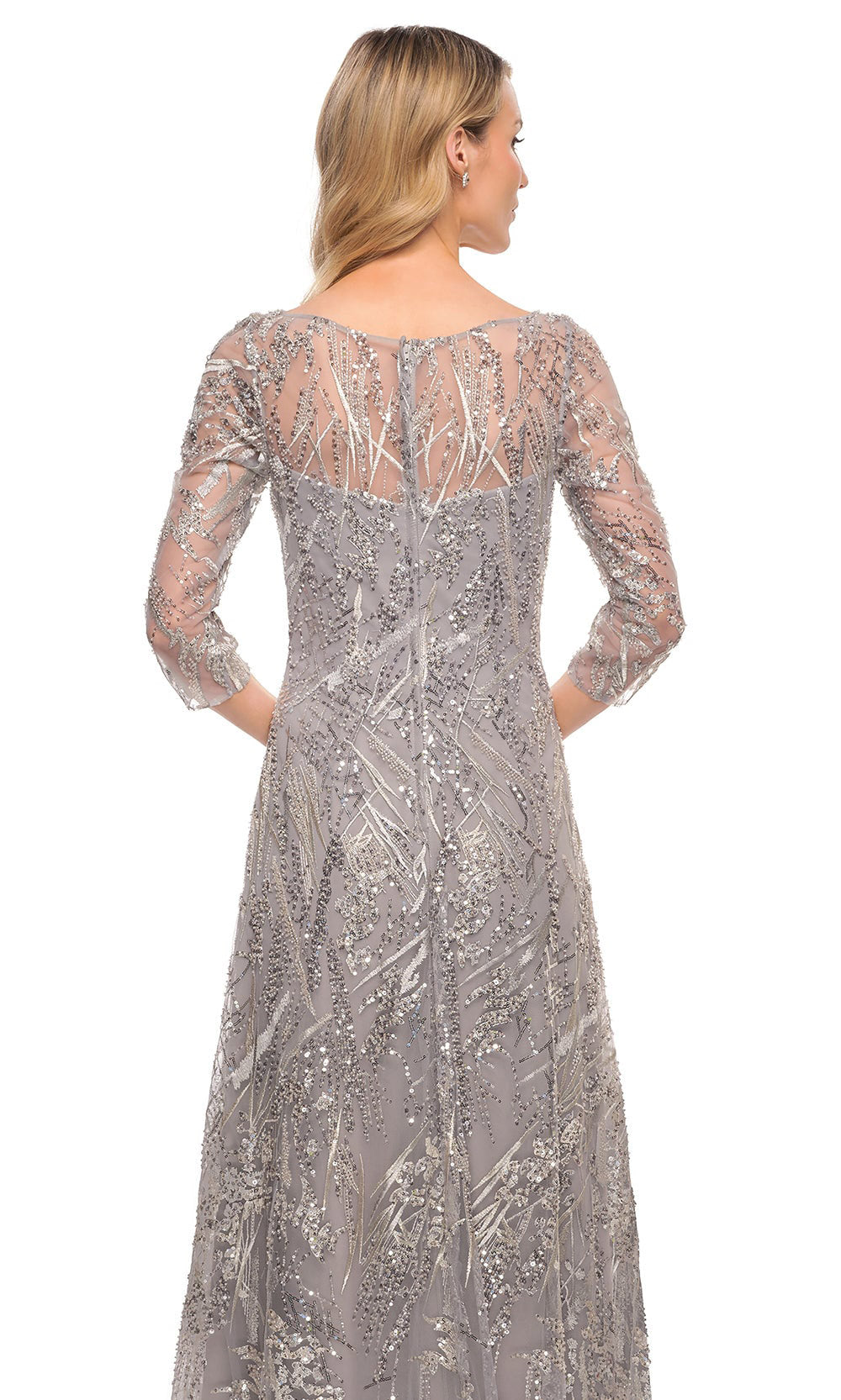 La Femme - 30161 Beaded Quarter-Length Sleeves Dress In Silver