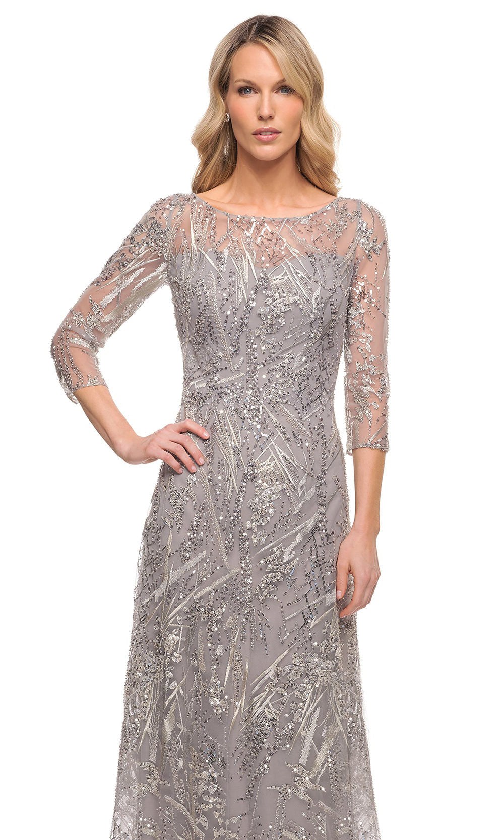 La Femme - 30161 Beaded Quarter-Length Sleeves Dress In Silver
