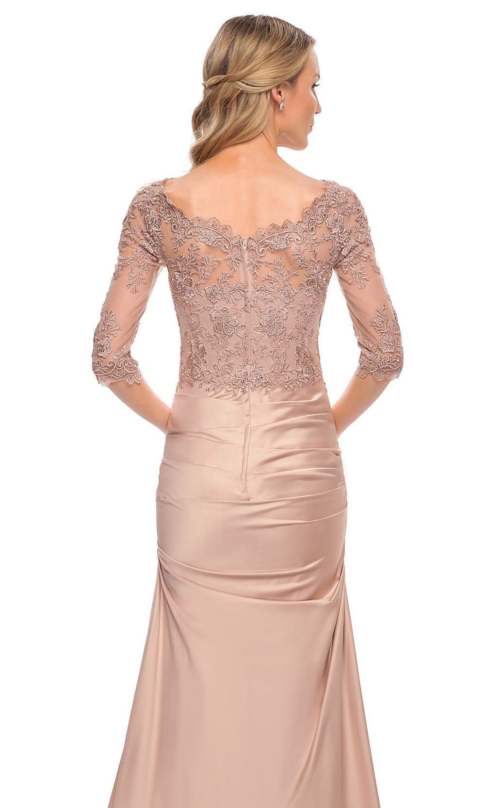 La Femme - 30162 Sheer Three Quarter Lace Sleeve Long Gown In Pink