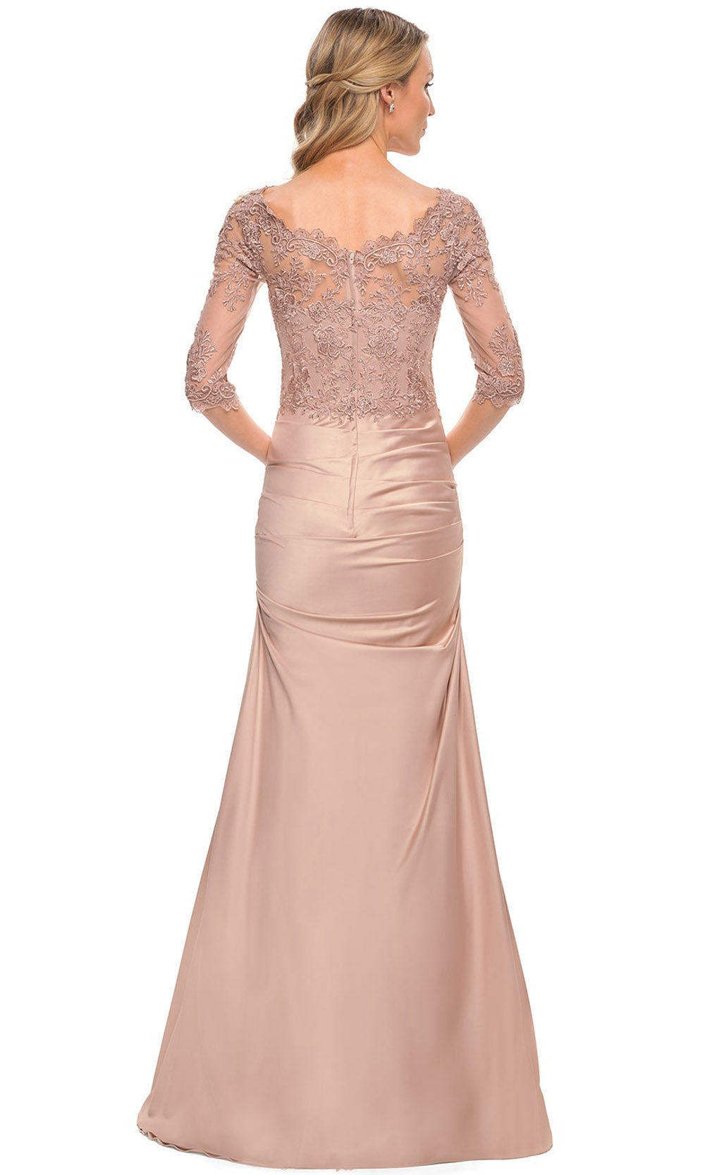 La Femme - 30162 Sheer Three Quarter Lace Sleeve Long Gown In Pink