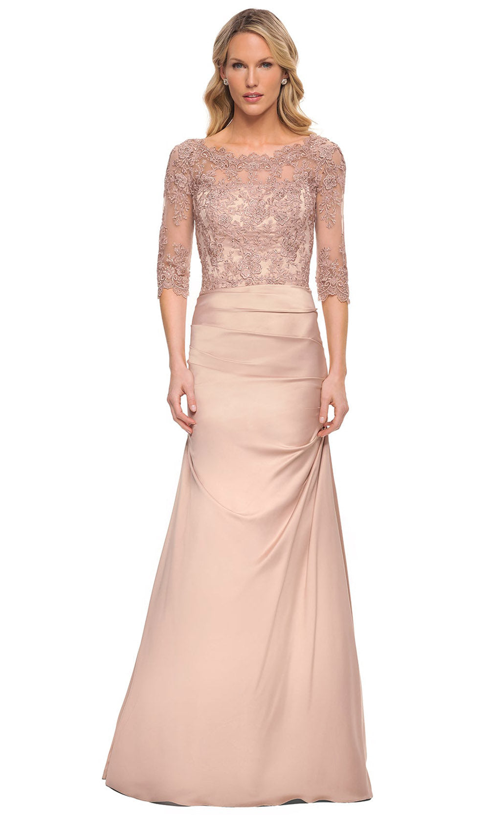 La Femme - 30162 Sheer Three Quarter Lace Sleeve Long Gown In Pink