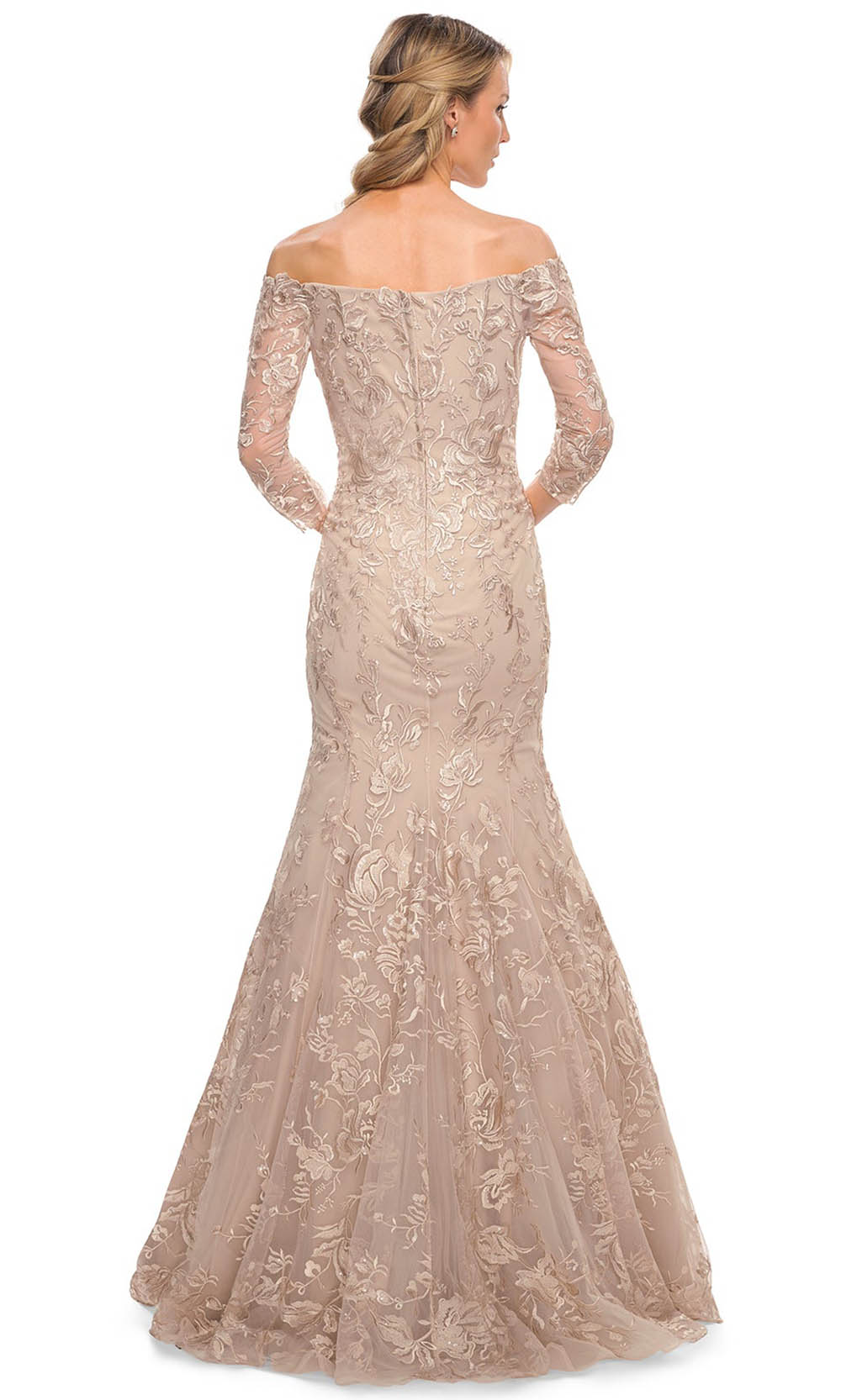 La Femme - 30164 Quarter-Length Sleeves Mermaid Dress In Neutral