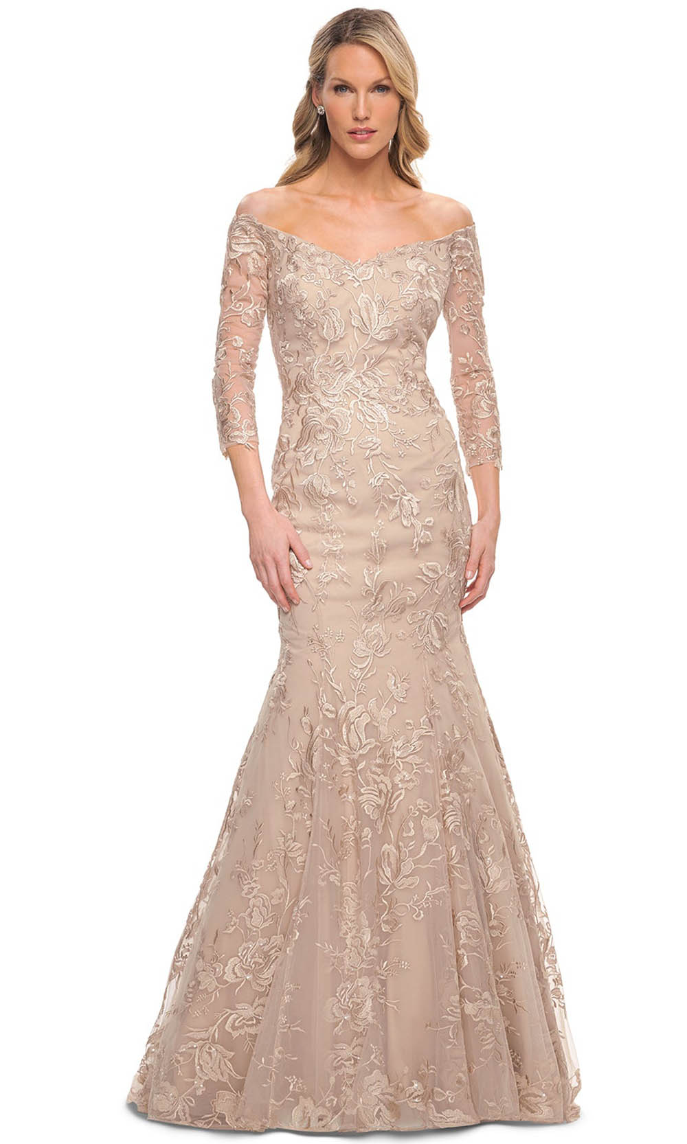 La Femme - 30164 Quarter-Length Sleeves Mermaid Dress In Neutral