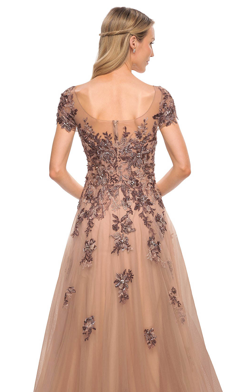 La Femme - 30197 Embellished Bateau Neckline A-Line Dress In Brown