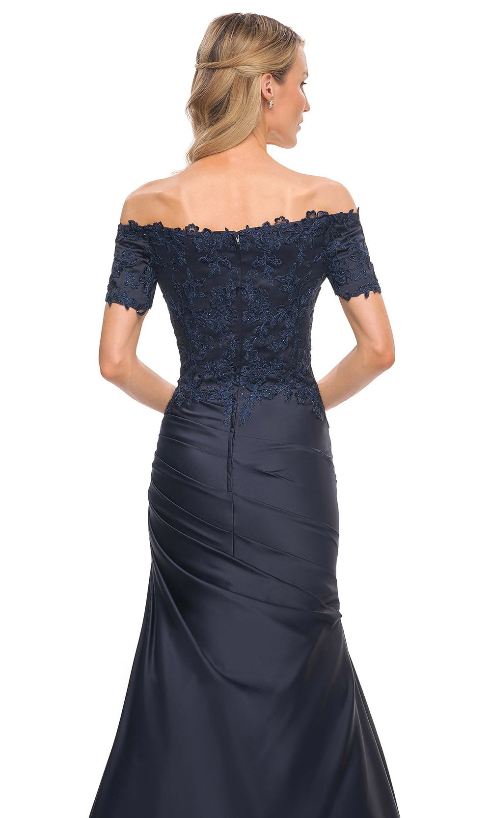 La Femme - 30199 Satin And Lace Off Shoulder Mermaid Gown In Blue