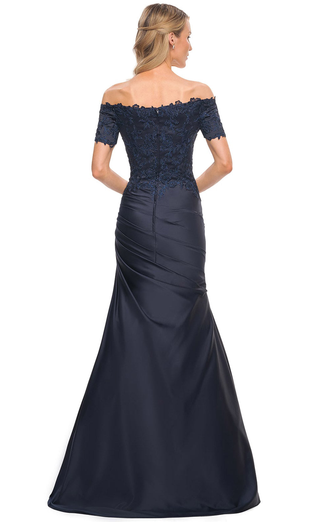 La Femme - 30199 Satin And Lace Off Shoulder Mermaid Gown In Blue