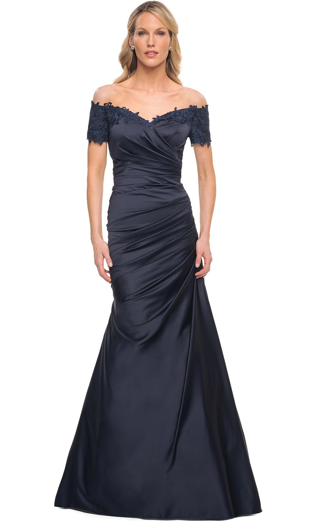 La Femme - 30199 Satin And Lace Off Shoulder Mermaid Gown In Blue