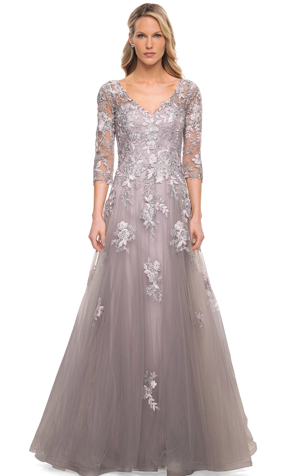 La Femme - 30229 Floral Embellished A-Line Dress In Silver and Pink