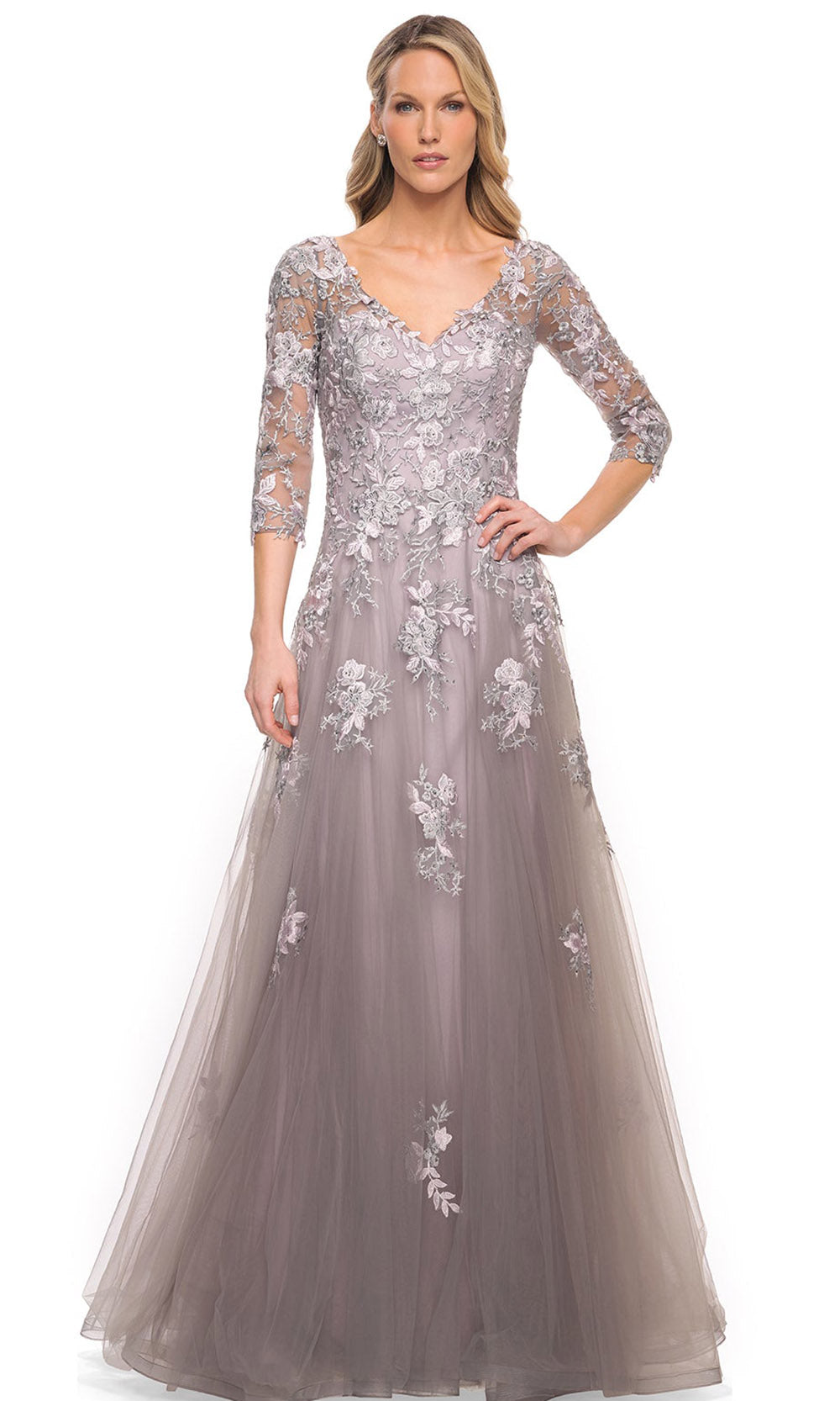 La Femme - 30229 Floral Embellished A-Line Dress In Silver and Pink