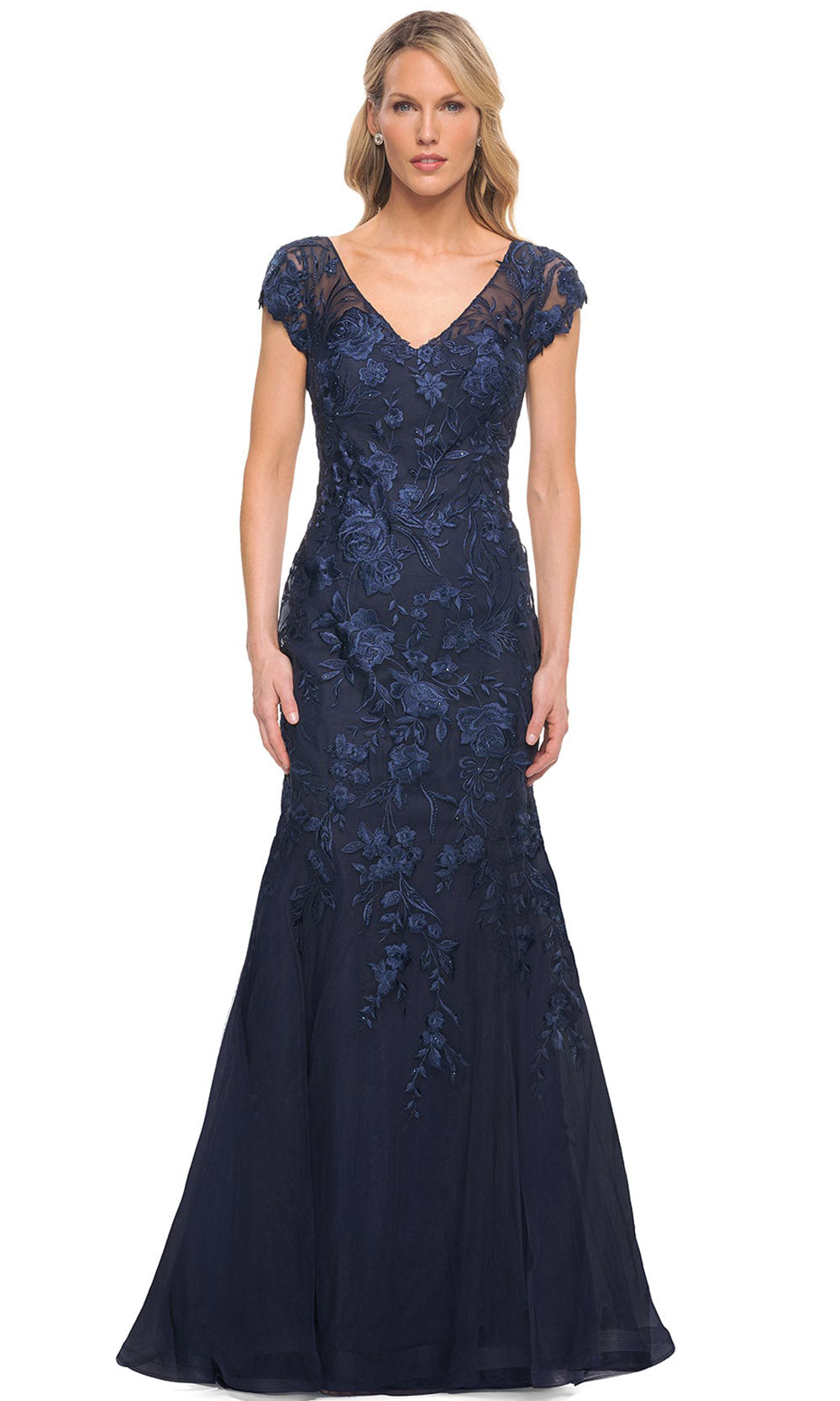 La Femme - 30269 Laced Cap Sleeved Mermaid Dress In Blue