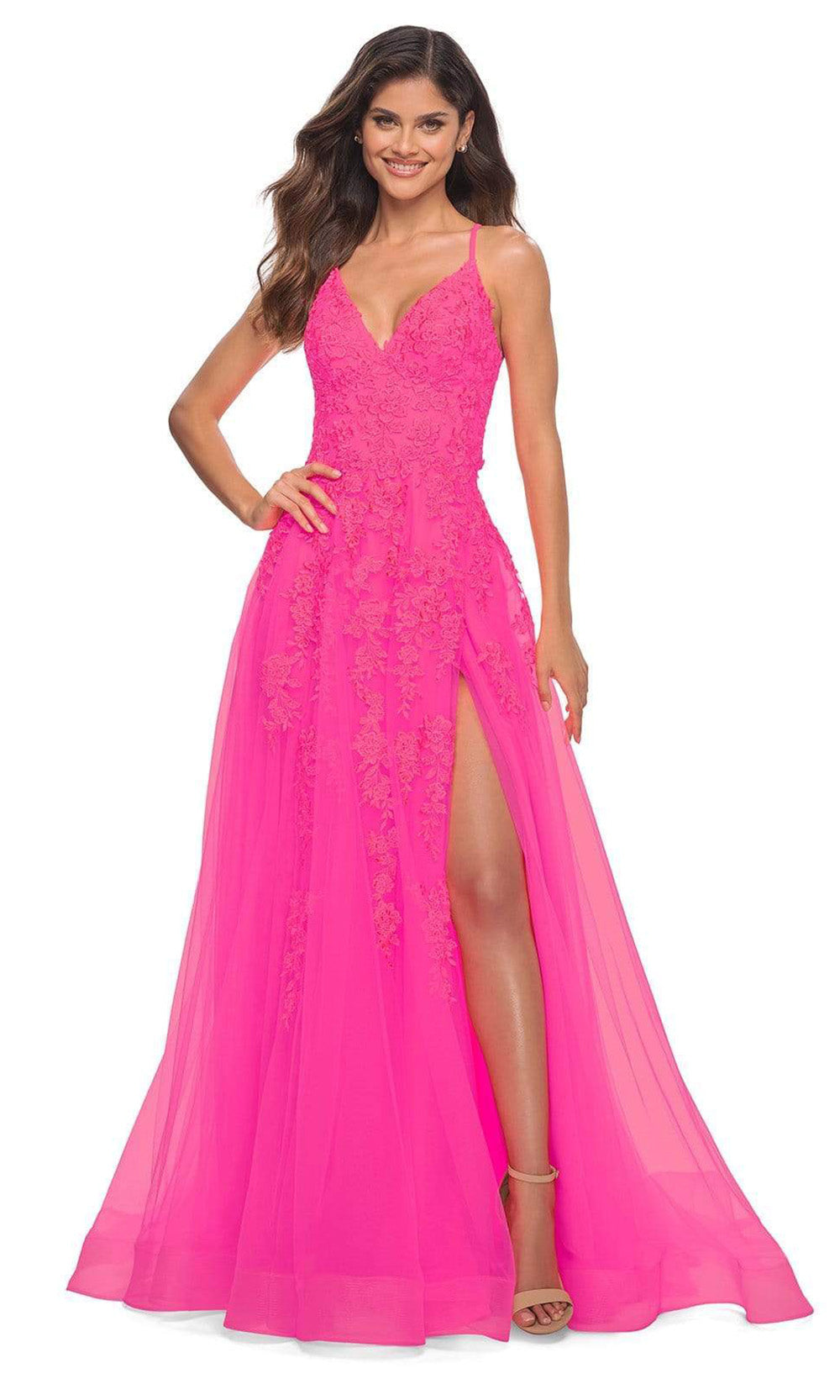 La Femme - 30303 Brocade Floral V Neck A-Line Gown In Pink