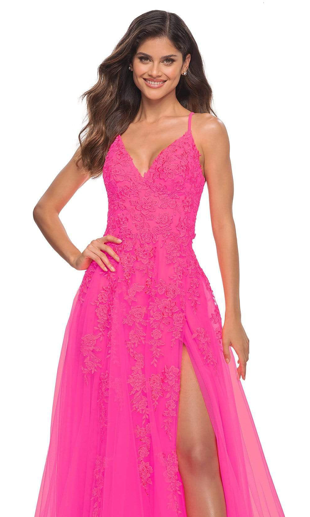La Femme - 30303 Brocade Floral V Neck A-Line Gown In Pink