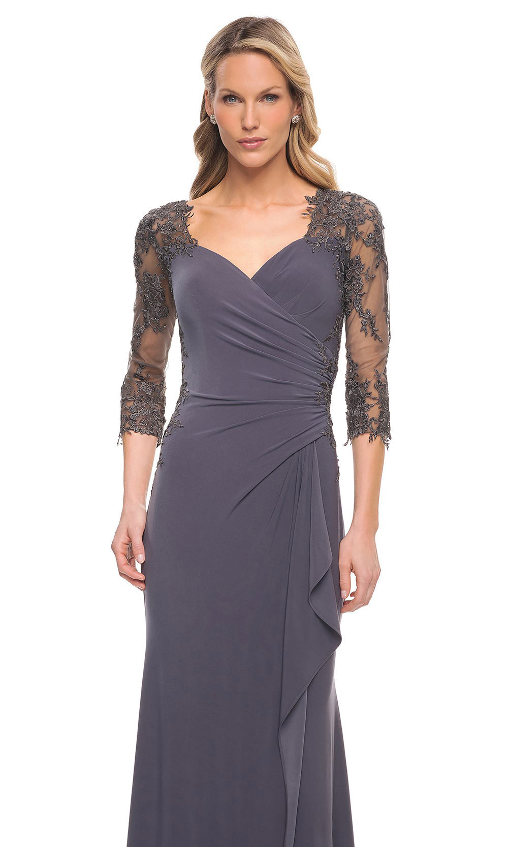 La Femme - 30384 Quarter Length Lace Sleeves Ruched Gown In Gray