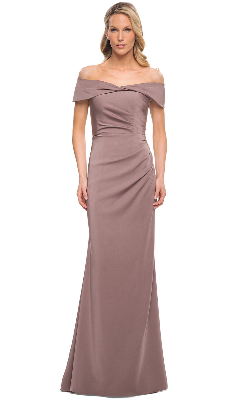La Femme - 30397 Soft Ruched Satin Long Evening Dress In Brown