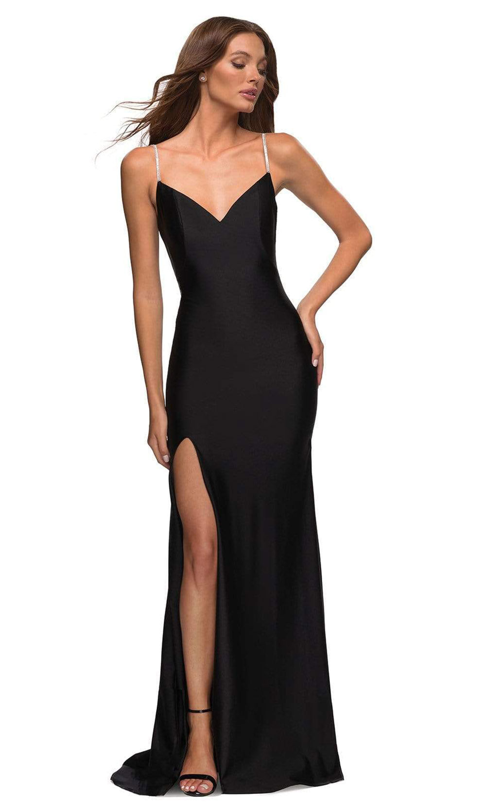 La Femme - 30435 Rhinestone Strap Sheath Gown In Black