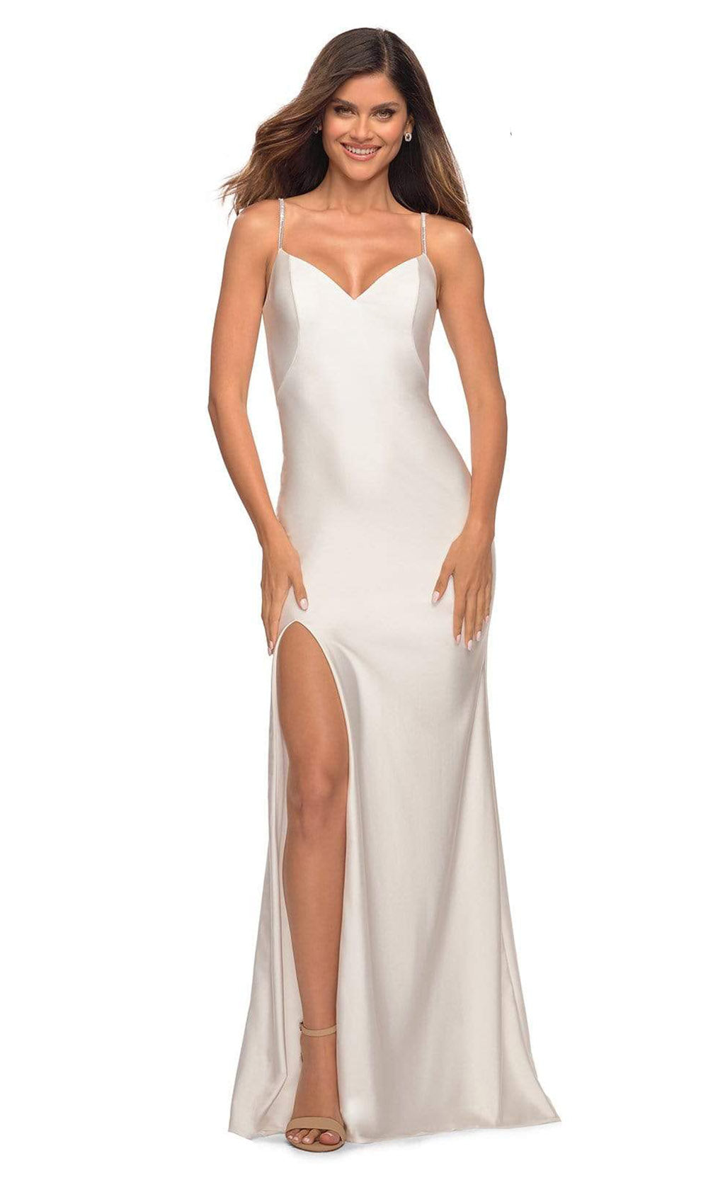 La Femme - 30435 Rhinestone Strap Sheath Gown In White & Ivory