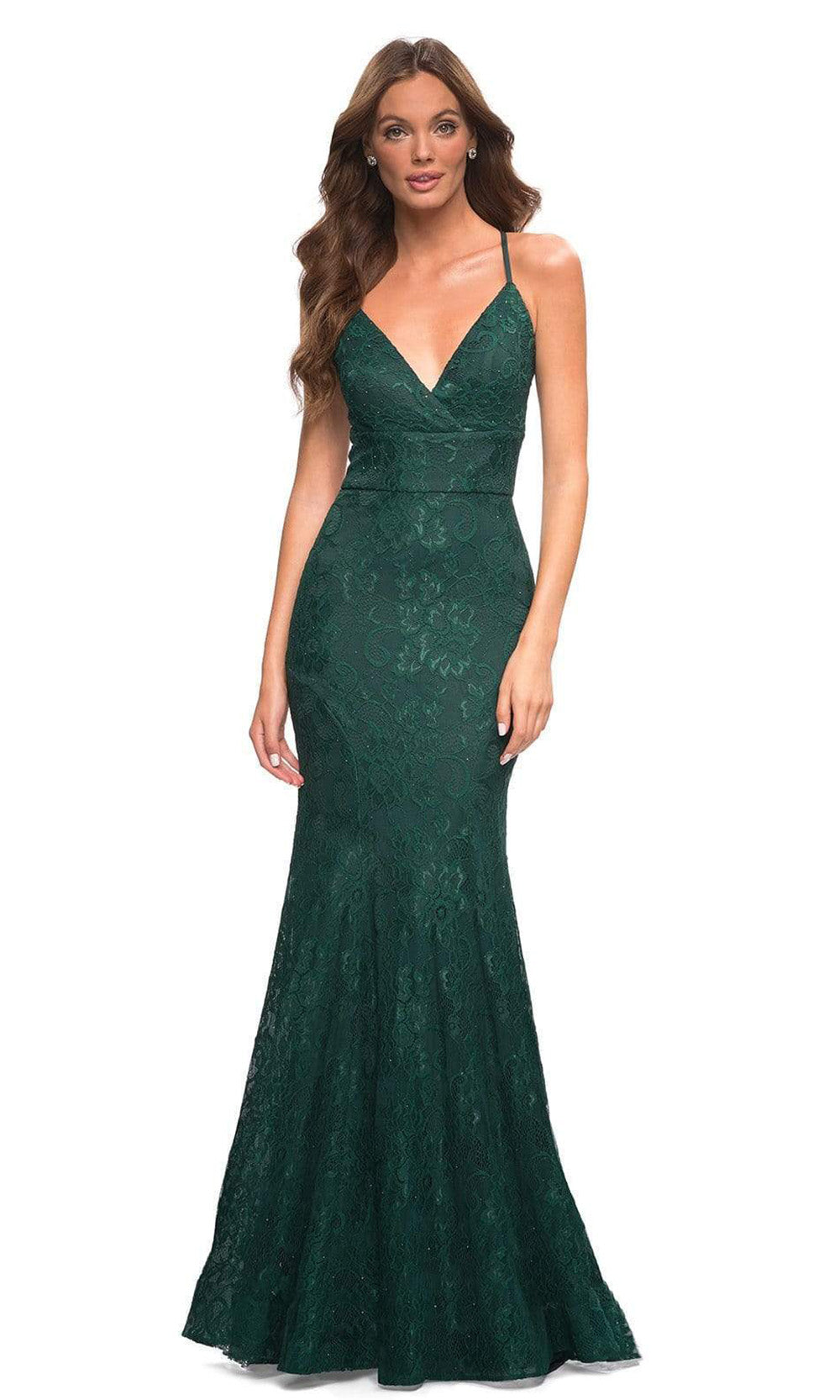 La Femme - 30442 Strappy Floral Lace Long Gown In Green