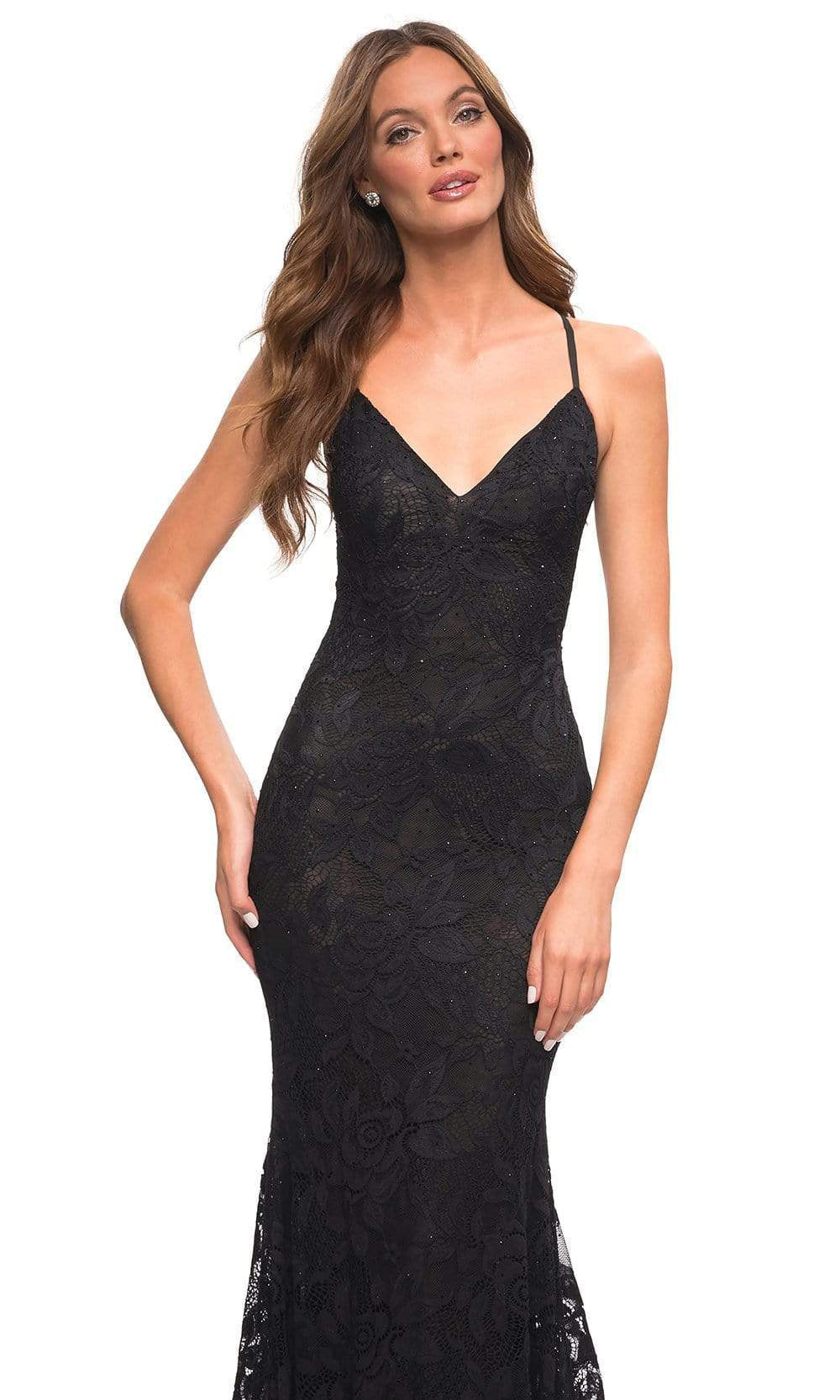 La Femme - 30511 Embroidered V-Neck Mermaid Gown In Black