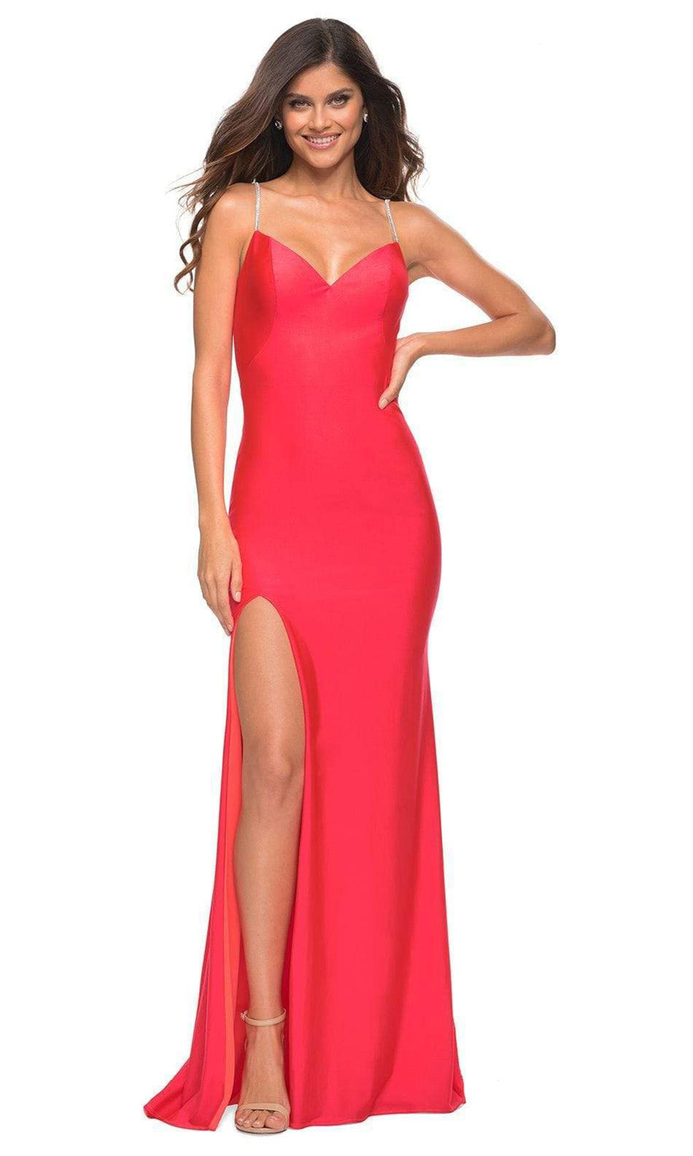 La Femme - 30602 Fitted V Neck And Back Slit Dress In Red