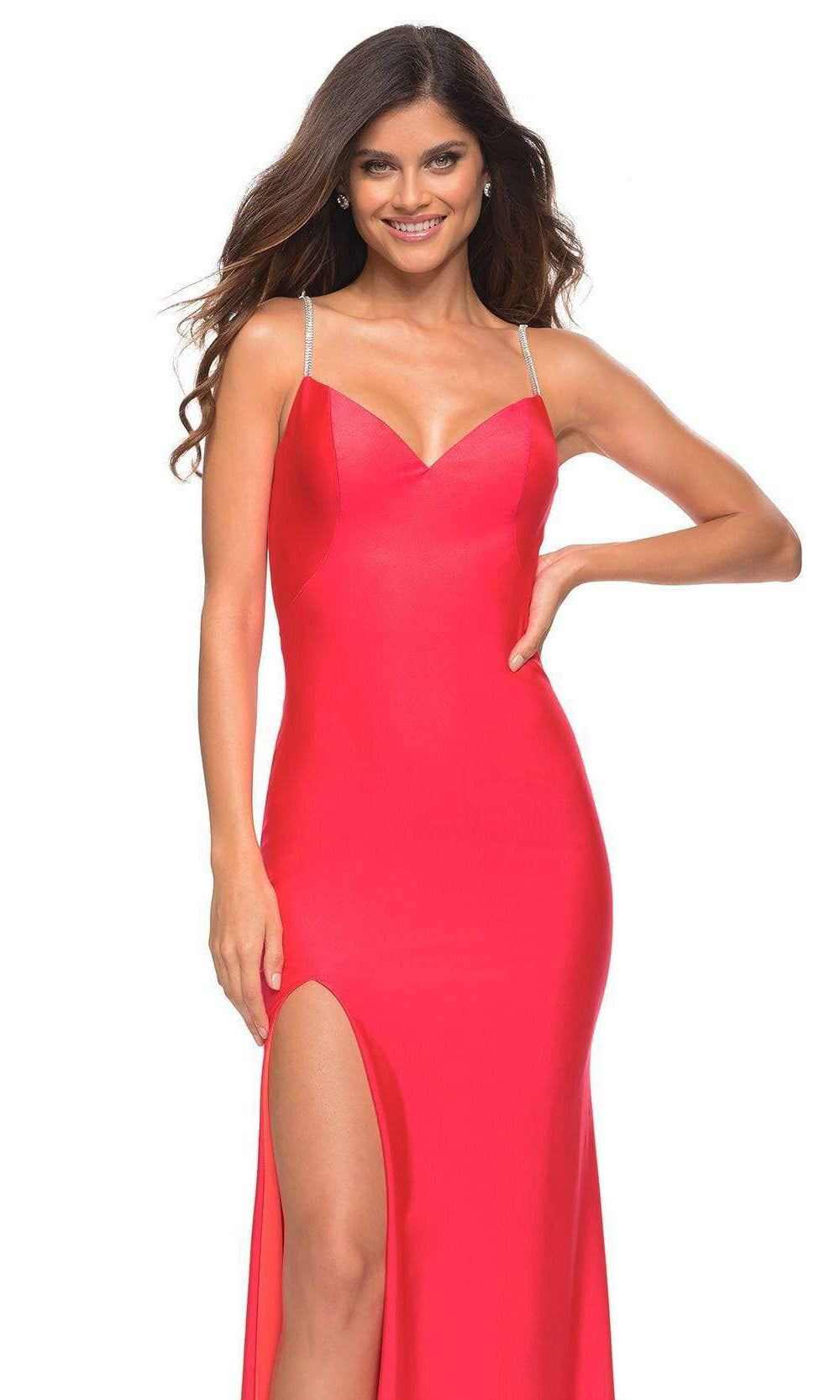 La Femme - 30602 Fitted V Neck And Back Slit Dress In Red
