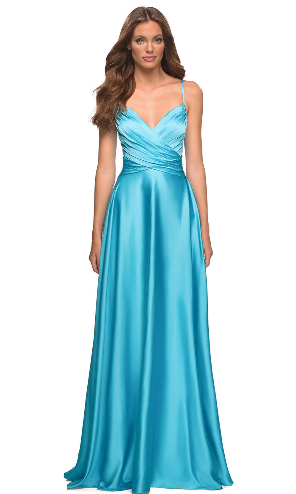 La Femme - 30662 Spaghetti Strap Satin Gown In Blue