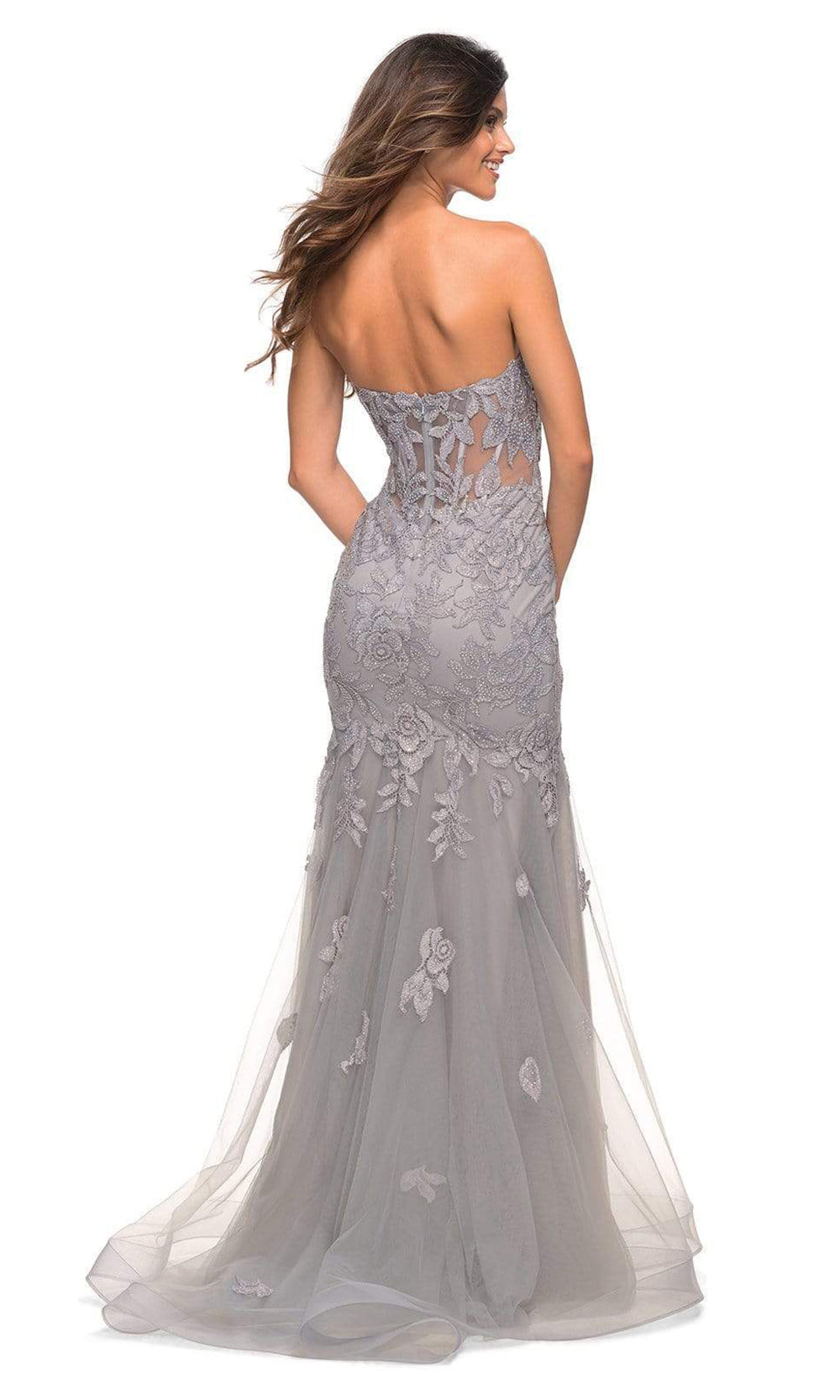 La Femme - 30717 Strapless Lace Appliqued Gown In Silver