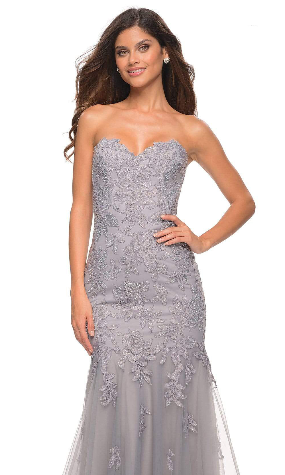 La Femme - 30717 Strapless Lace Appliqued Gown In Silver