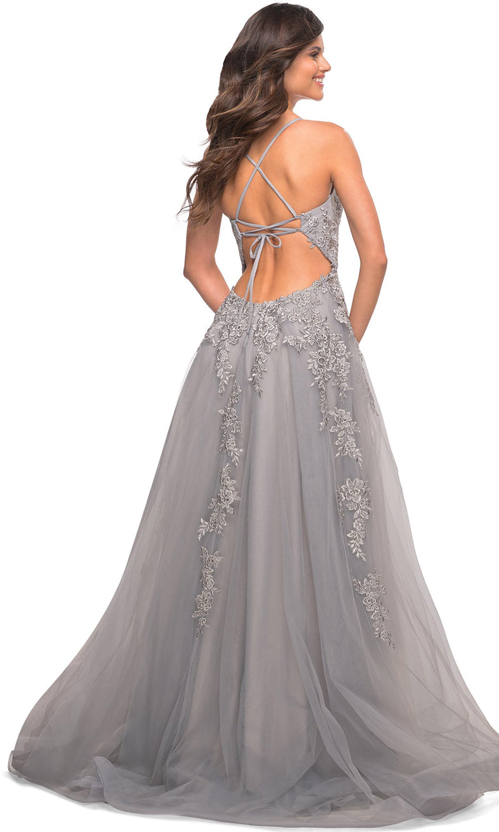 La Femme - 30810 Beaded Lace Tulle Gown In Silver & Gray