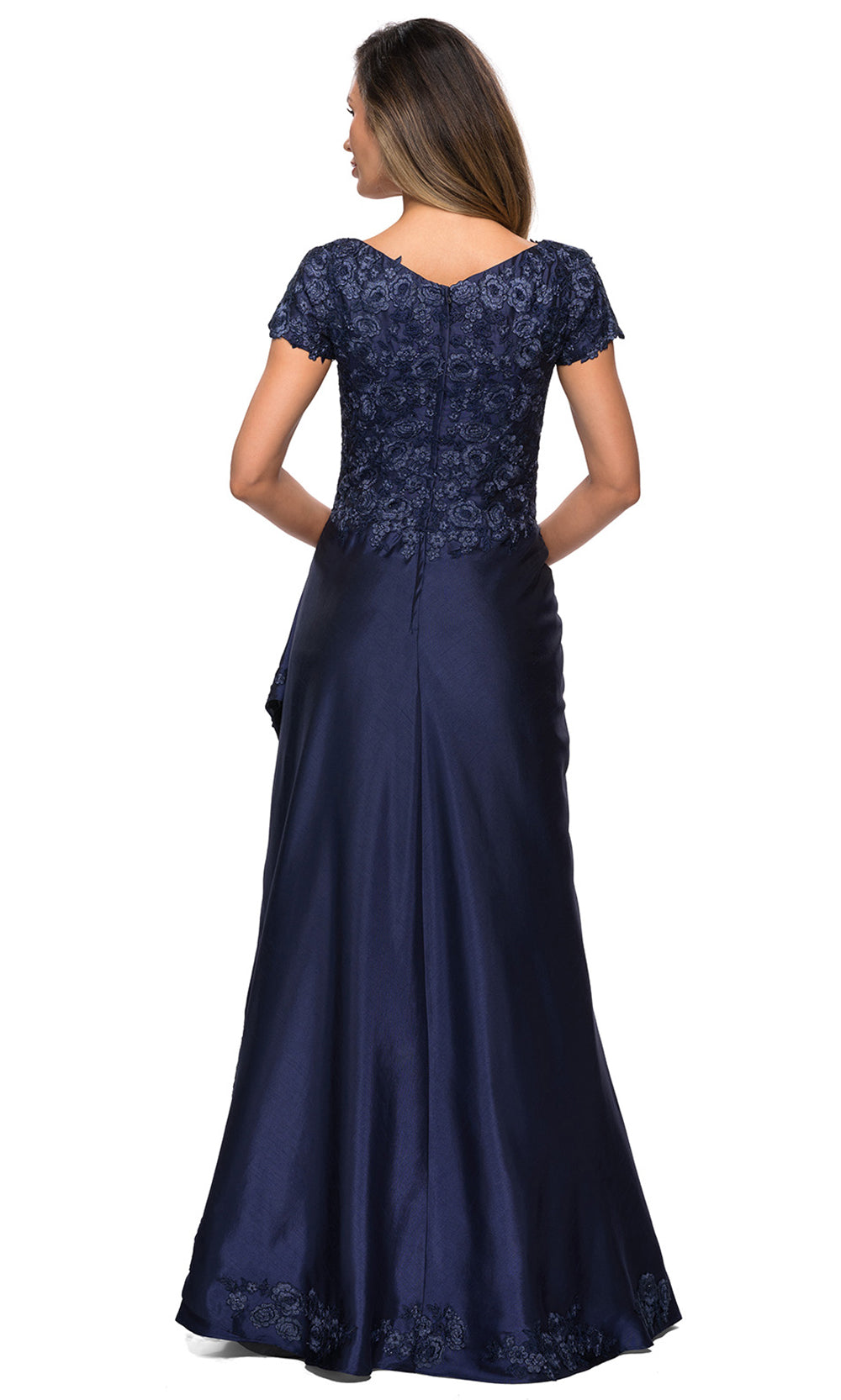 La Femme - 27033 Floral Ornate Satin Overlay Gown In Blue