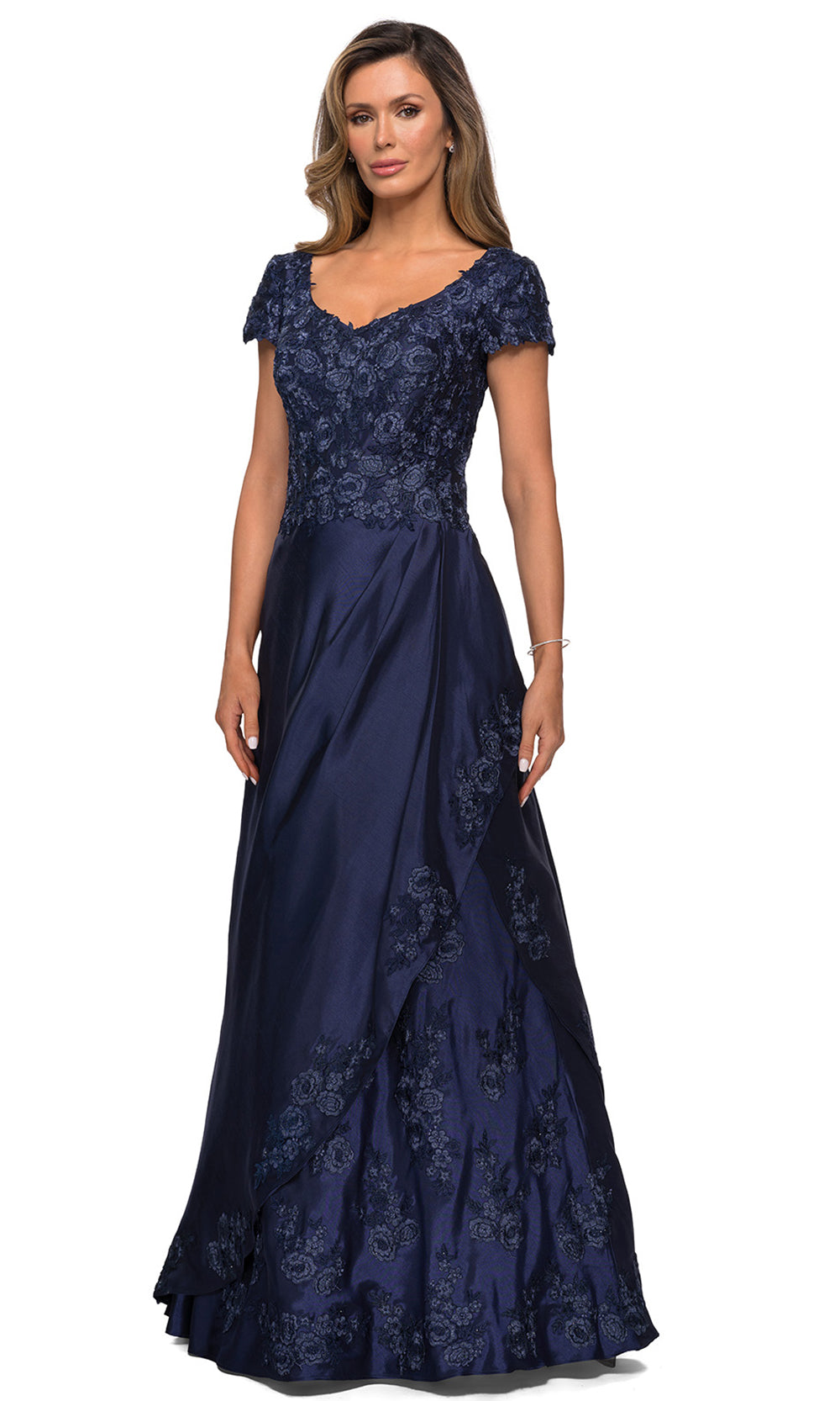 La Femme - 27033 Floral Ornate Satin Overlay Gown In Blue