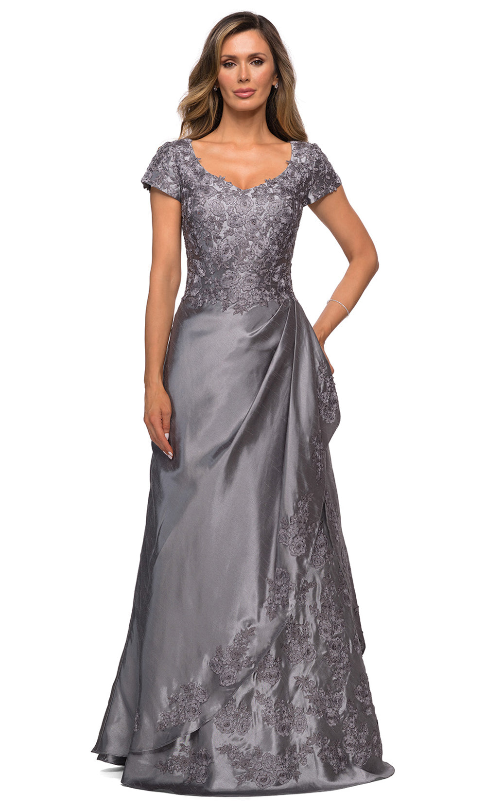 La Femme - 27033 Floral Ornate Satin Overlay Gown In Silver & Gray