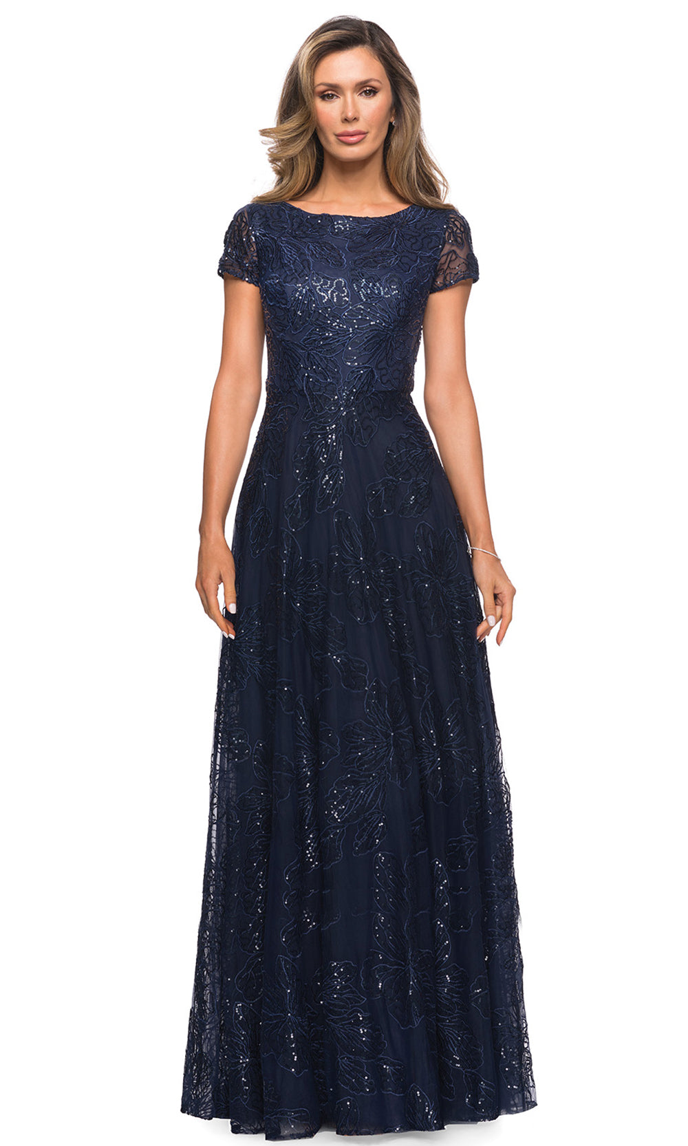 La Femme - 27837 Sequined Lace A-Line Gown In Blue