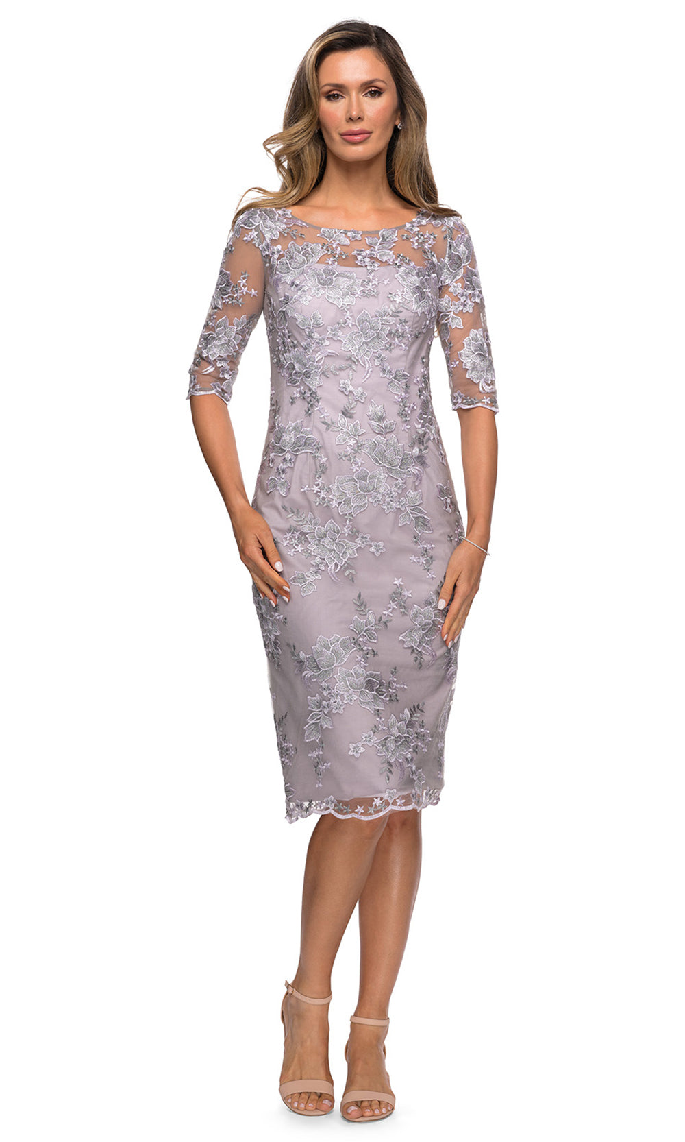 La Femme - 27895 Lace Applique Sheath Short Dress In Purple and Gray