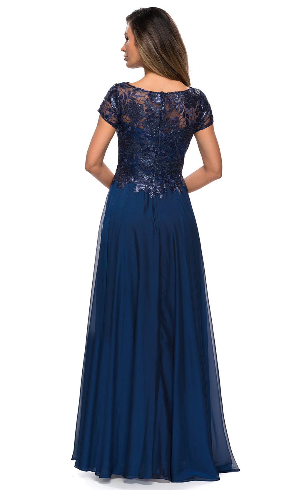 La Femme - 27924 Short Sleeve Illusion Lace Chiffon Dress In Blue