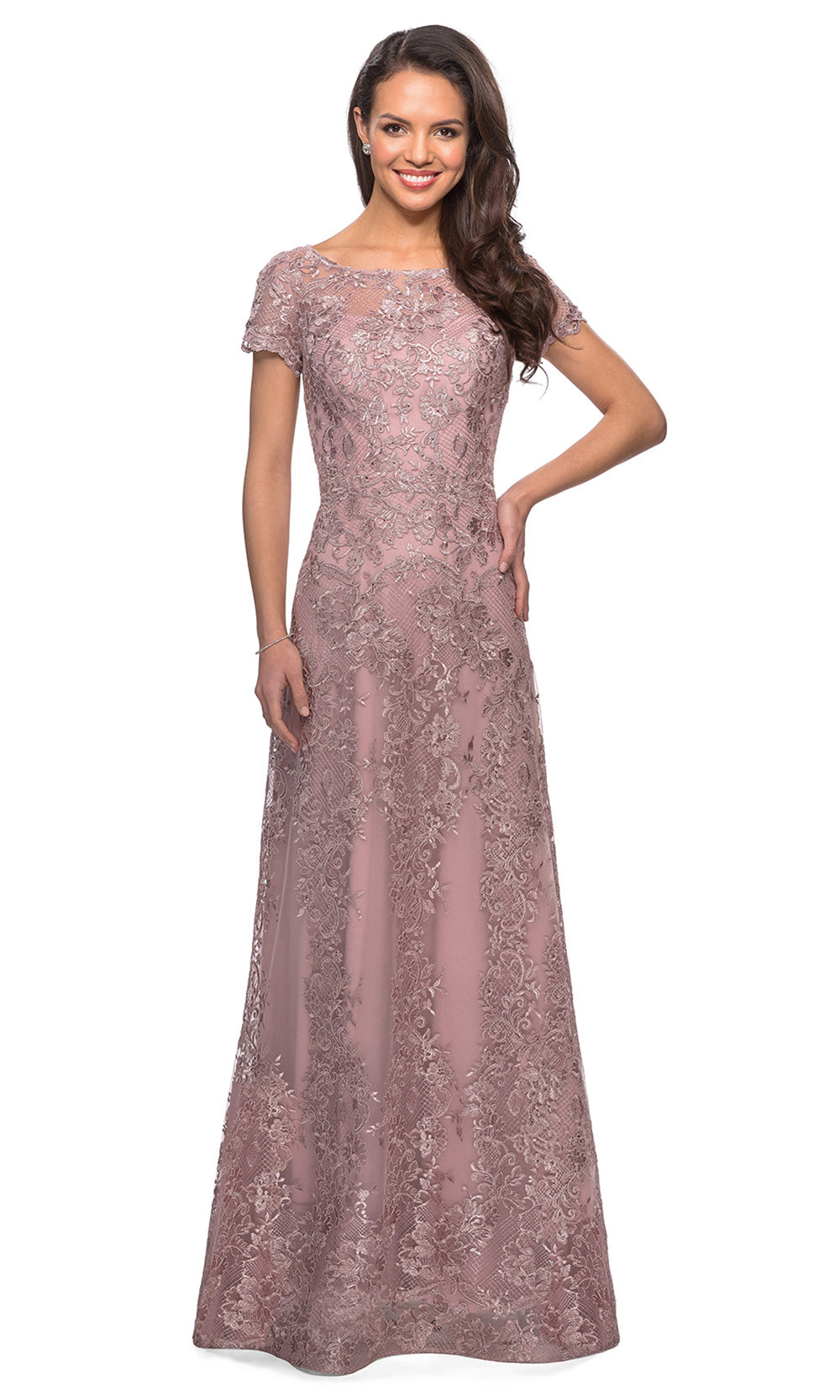 La Femme - 27935 Sheer Neckline Short Sleeve Lattice Lace A-Line Gown In Mauve