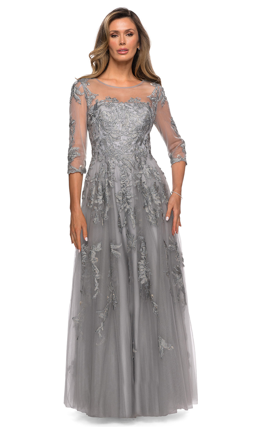 La Femme - 27944 Floral Lace A-Line Evening Dress In Silver and Gray