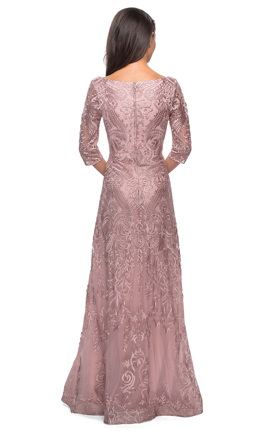La Femme - 27949 Quarter Length Sleeve Embroidered Lace A-Line Gown In Mauve