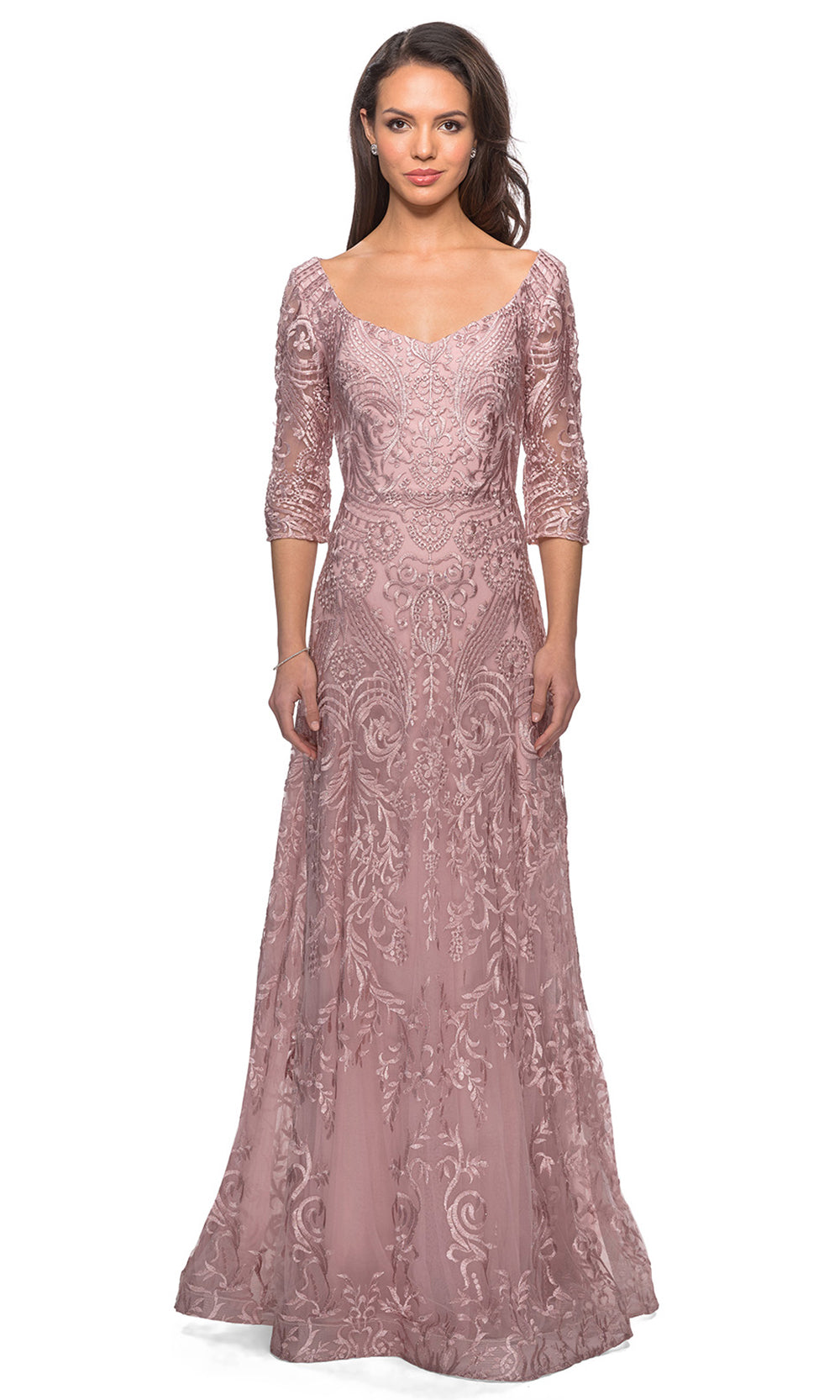 La Femme - 27949 Quarter Length Sleeve Embroidered Lace A-Line Gown In Mauve