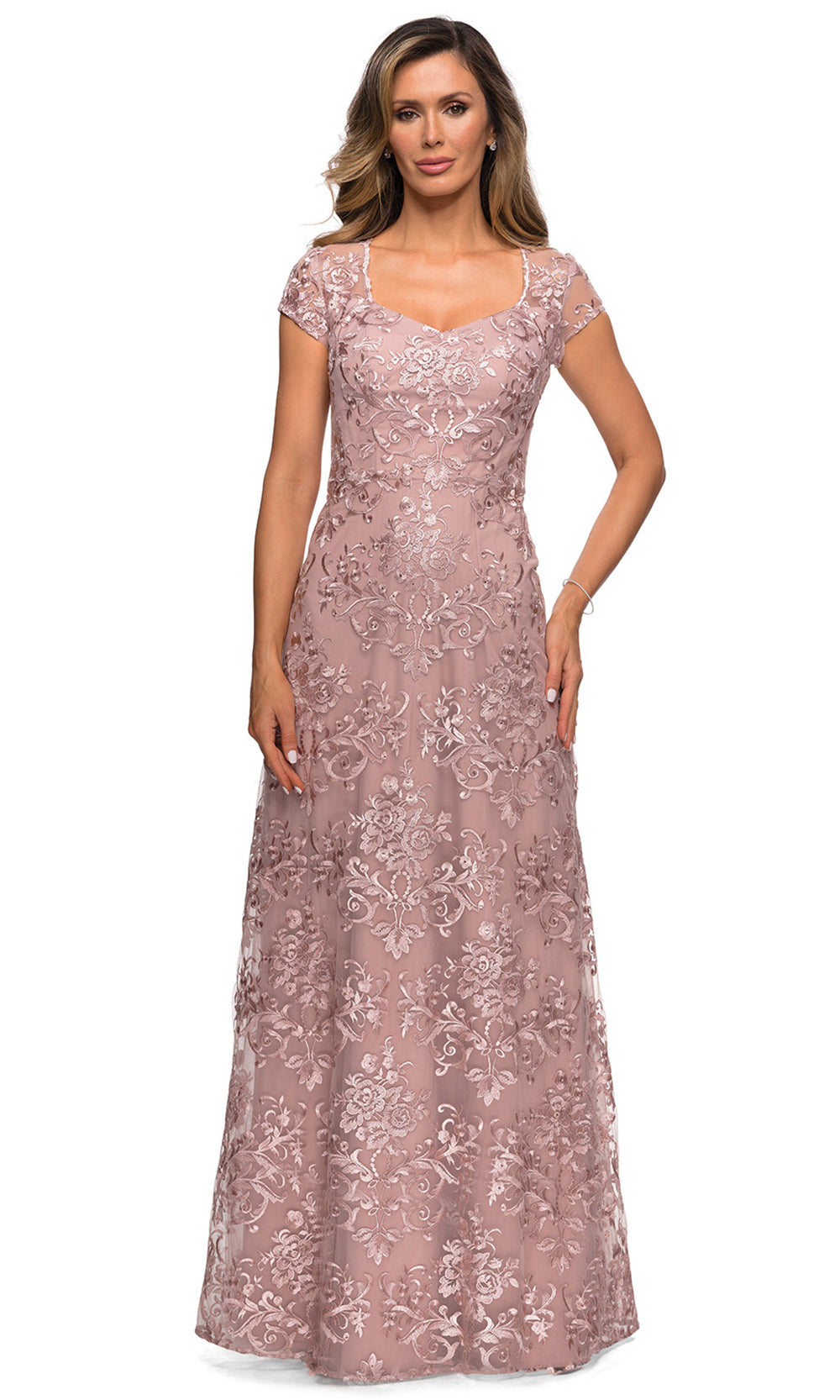 La Femme - 27951 Embroidered V Neck Fitted Dress In Pink