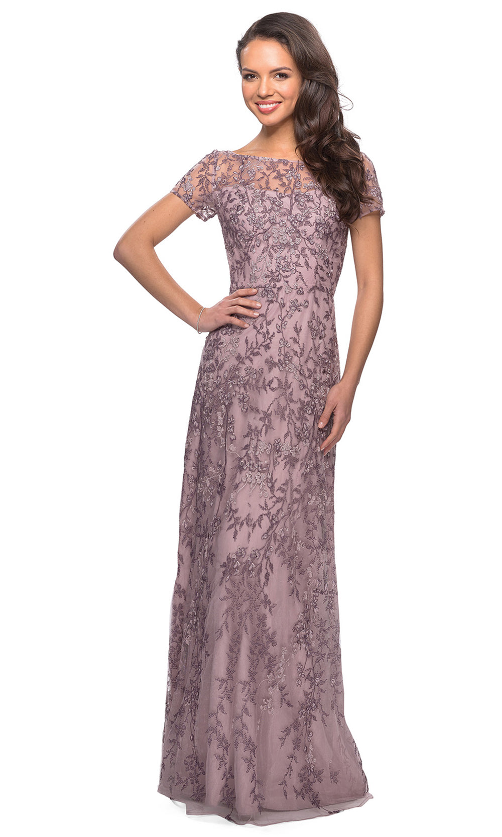 La Femme - 27956 Beaded Bateau Sheath Long Gown In Purple