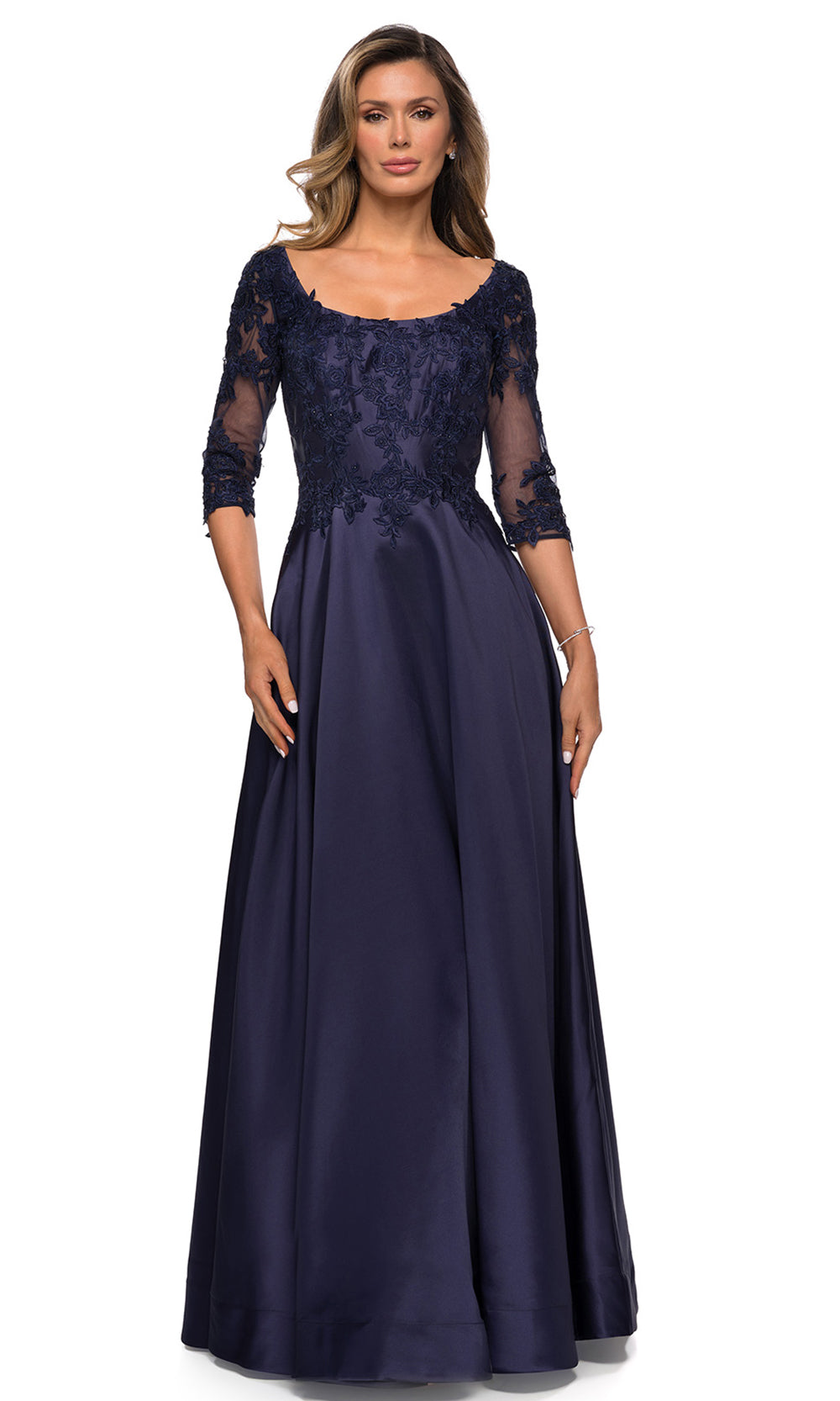 La Femme - 27988 Quarter Sleeve Scoop Appliqued Dress In Blue