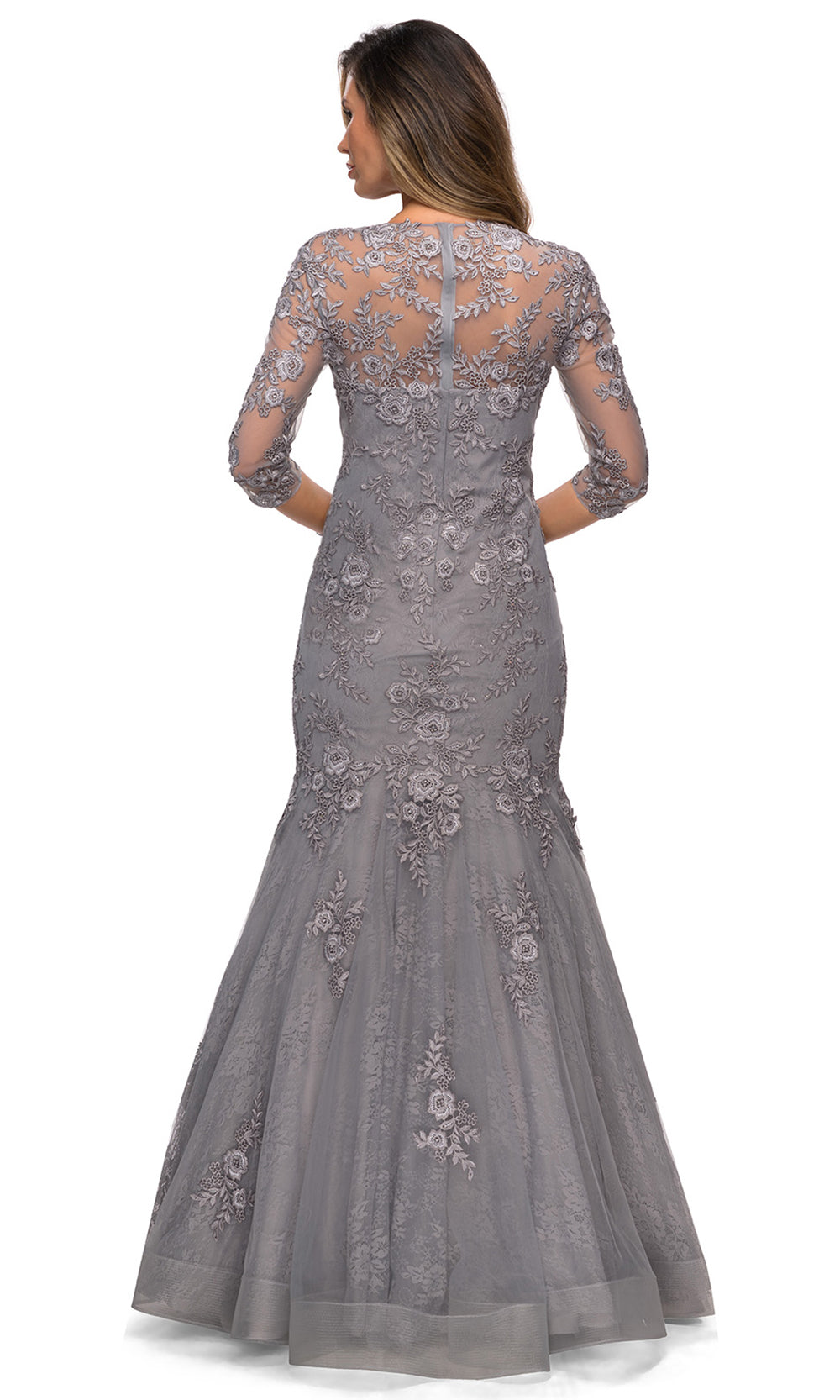 La Femme - 28033 Square Neckline Lace Embroidery Mermaid Formal Dress In Silver & Gray