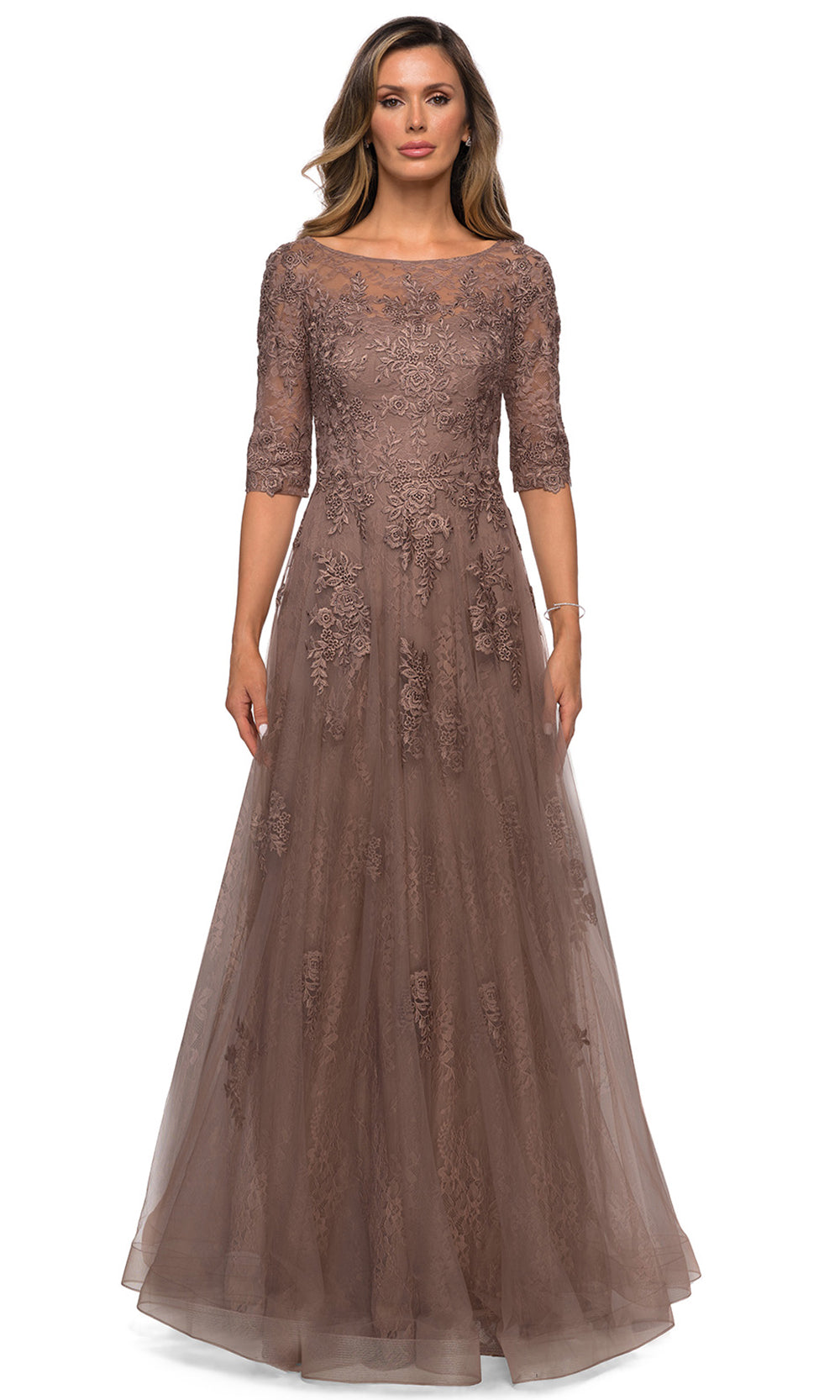 La Femme - 28036 Bateau Neck Floral Lace Over Tulle Long Formal Dress In Brown