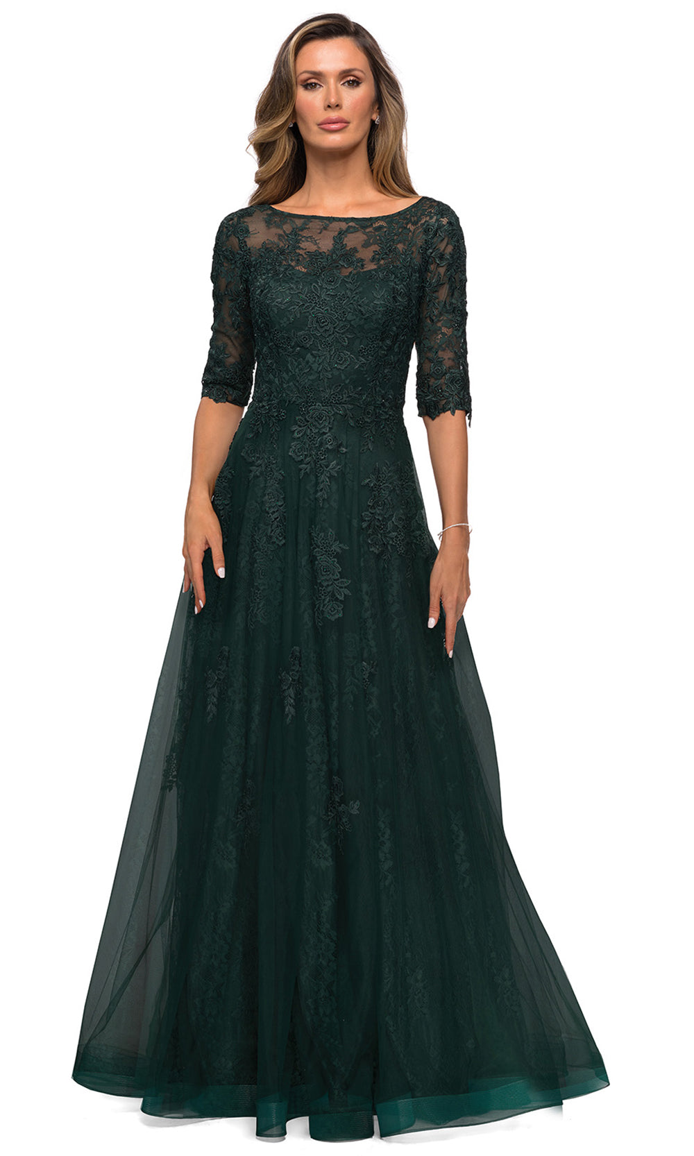 La Femme - 28036 Bateau Neck Floral Lace Over Tulle Long Formal Dress In Green