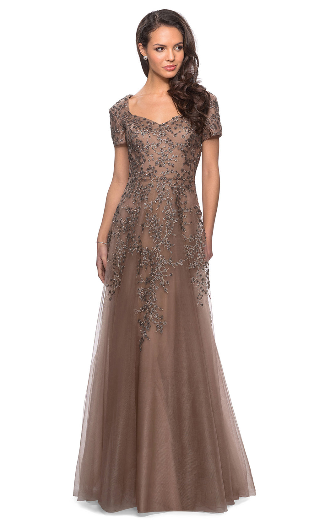 La Femme - 28037 Short Sleeve Embroidered Lace Tulle Dress In Brown
