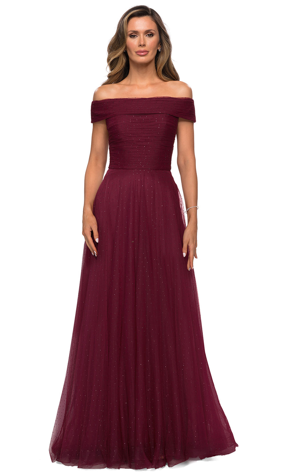 La Femme - 28051 Rhinestone Beaded Off Shoulder A-Line Evening Dress In Burgundy