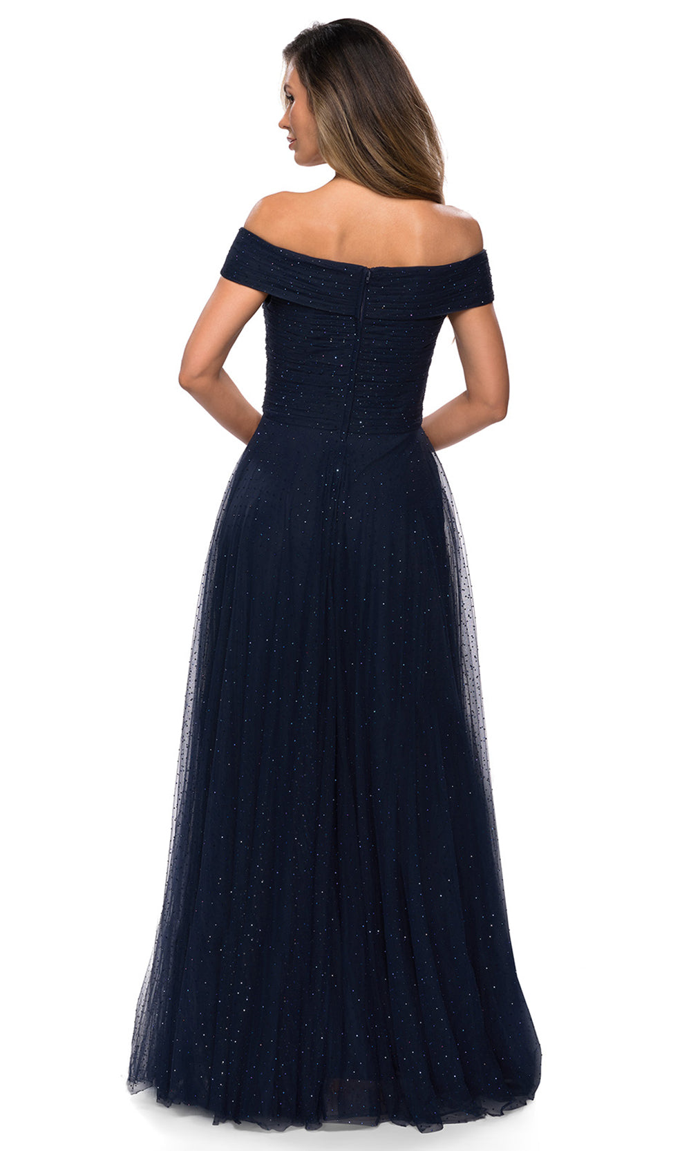 La Femme - 28051 Rhinestone Beaded Off Shoulder A-Line Evening Dress In Blue