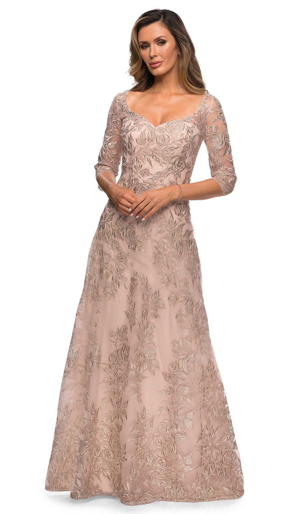 La Femme - 28053 V Neck Lace A-Line Gown In Neutral