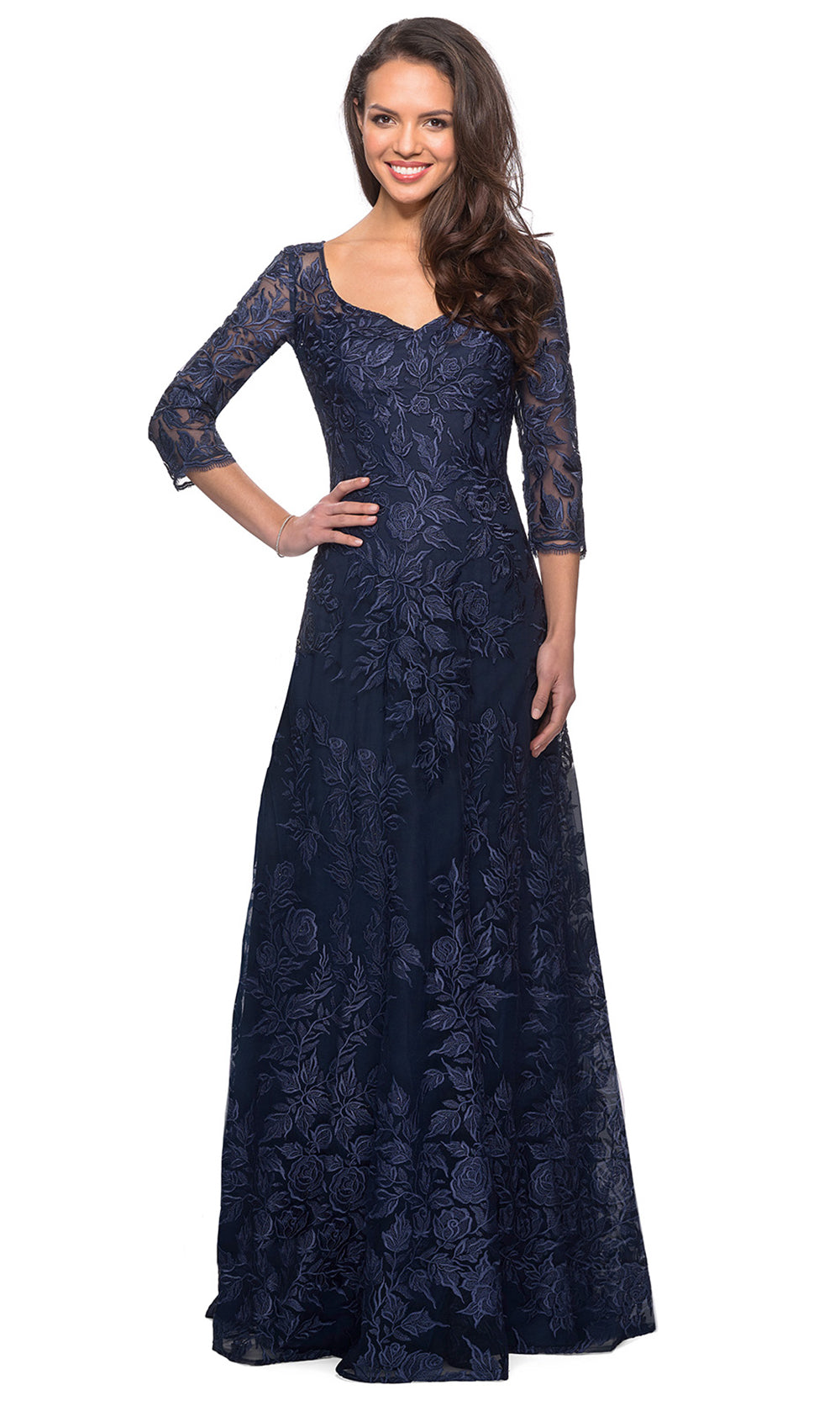 La Femme - 28053 V Neck Lace A-Line Gown In Blue